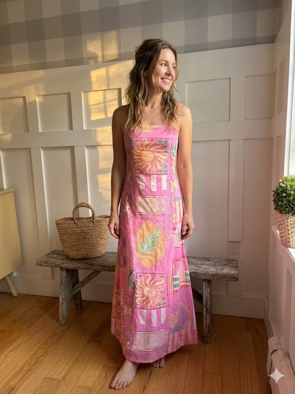 Pink Patchwork-Print Maxi Dress - Sleeveless Summer Maxi Large